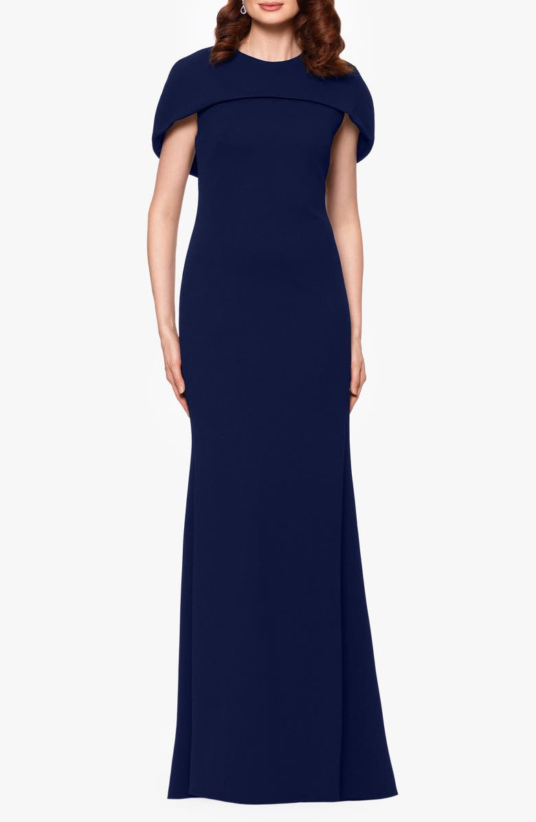 Betsy & Adam Cape Short Sleeve Scuba Crepe Gown, Alternate, color, Navy