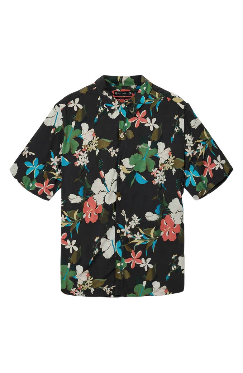 AllSaints Koh Chang Floral Short Sleeve Cotton Button-Up Shirt, Alternate, color, Jet Black