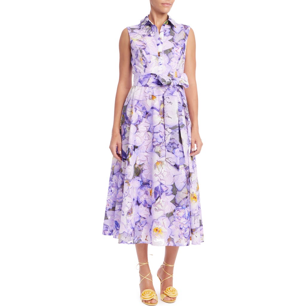 Badgley Mischka Sleeveless Printed Floral Lace Midi Dress In Lilac Multi