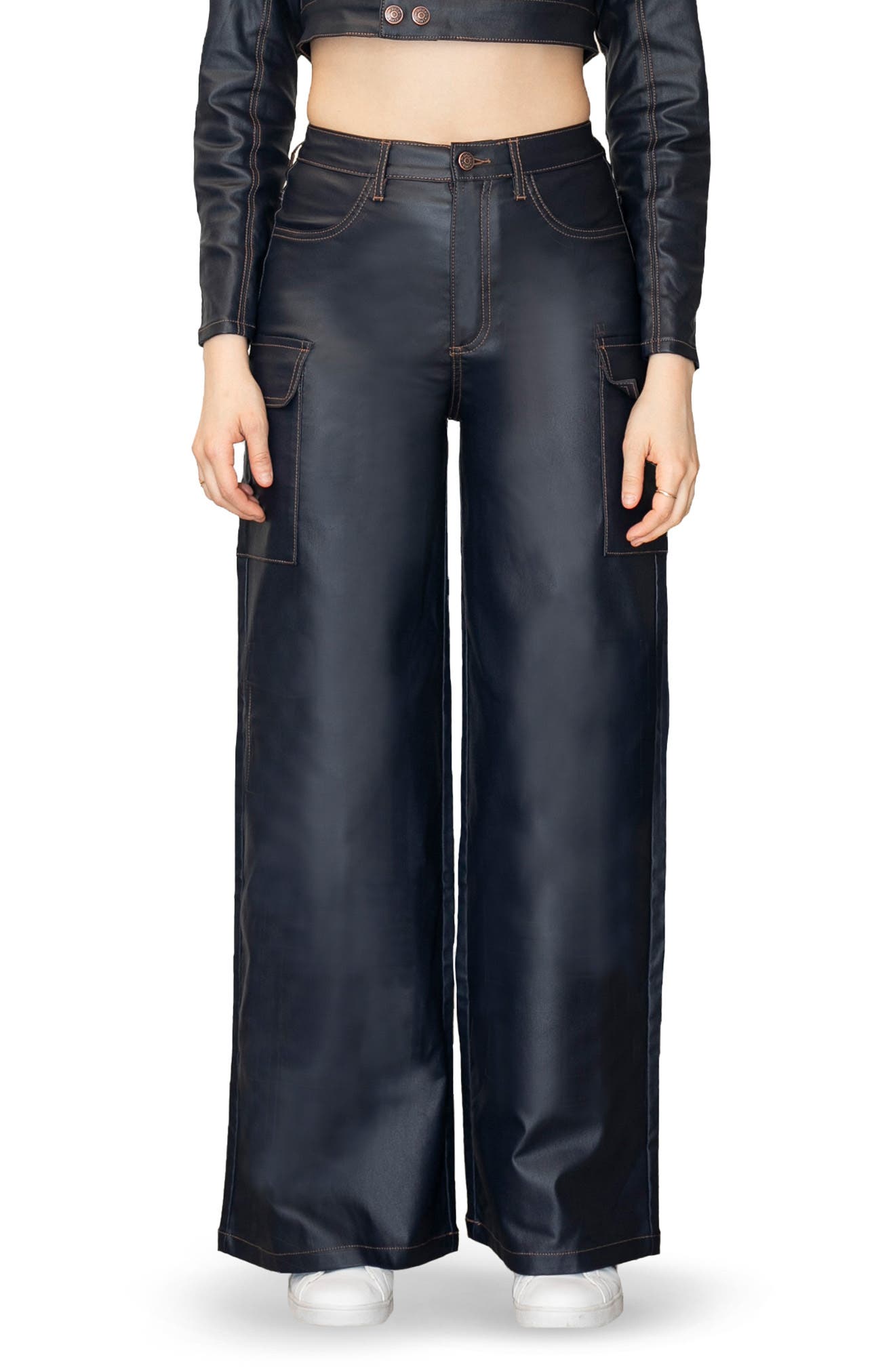 Madden Girl Coated High Waist Cargo Wide Leg Jeans