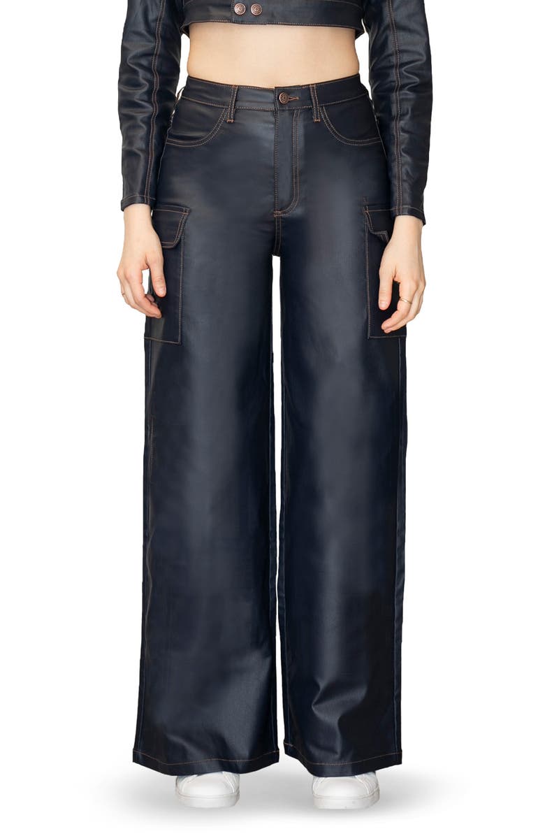 Madden Girl Coated High Waist Cargo Wide Leg Jeans, Main, color, Navy