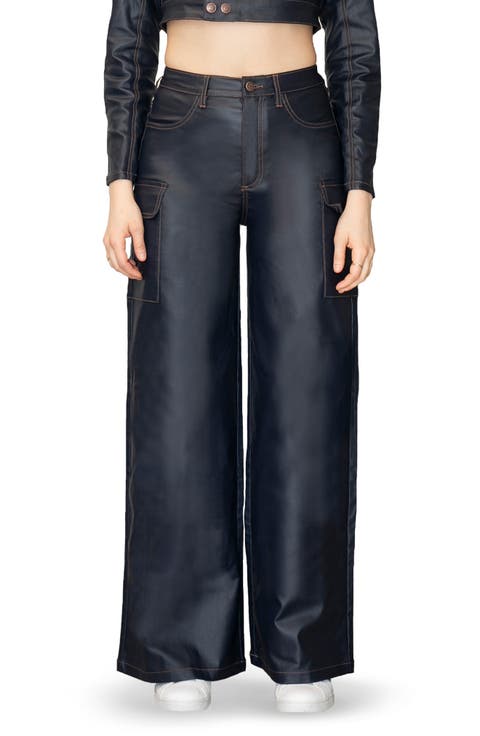 Coated High Waist Cargo Wide Leg Jeans