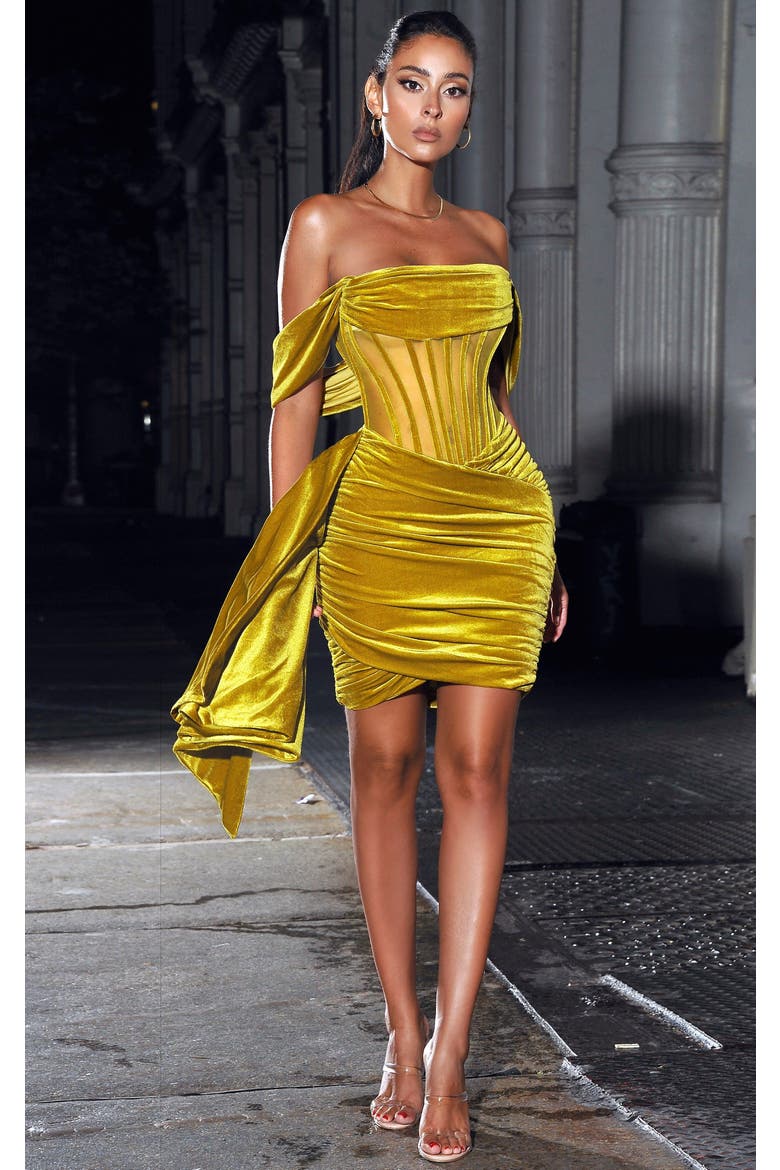 Irisaa Draping Off Shoulder Corset Mini Dress, Alternate, color, Gold