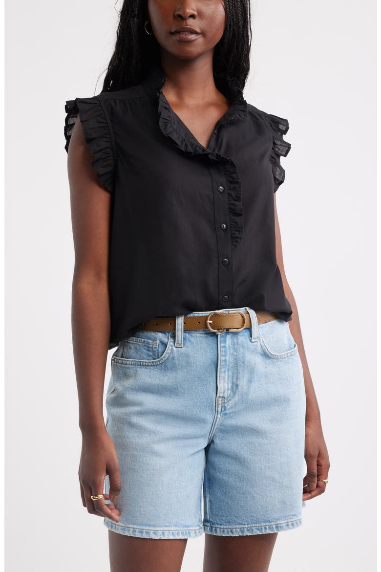 Ruffle Sleeve Cotton Blend Top, Main, color, BLACK