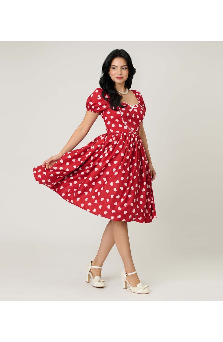 Unique Vintage Puff Sleeve Sweetheart Fit & Flare Dress, Alternate, color, Red W/ White Heart Print