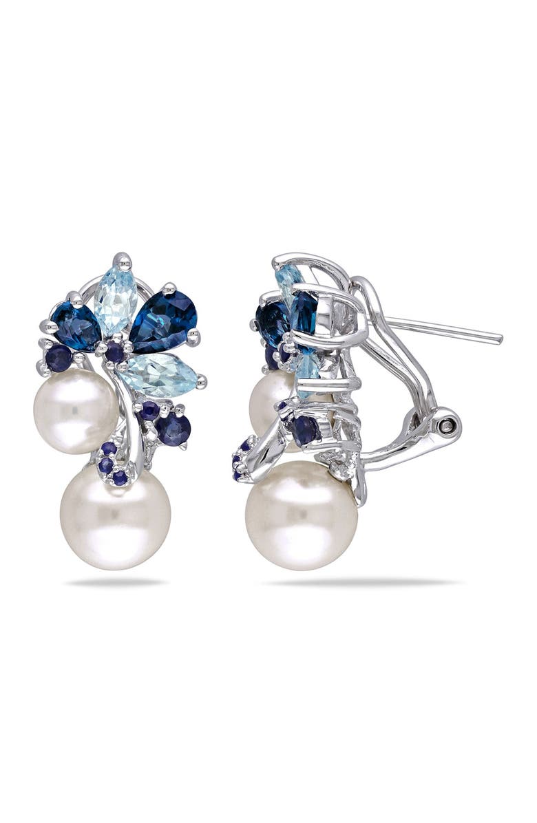 DELMAR Blue Topaz, Sapphire & 6.5-8.5mm Freshwater Pearl Drop Earrings, Main, color, Blue