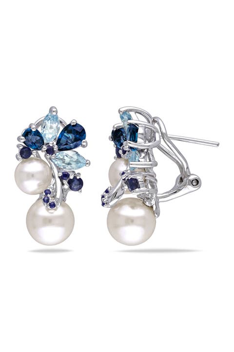 Blue Topaz, Sapphire & 6.5-8.5mm Freshwater Pearl Drop Earrings
