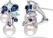 DELMAR Blue Topaz, Sapphire & 6.5-8.5mm Freshwater Pearl Drop Earrings