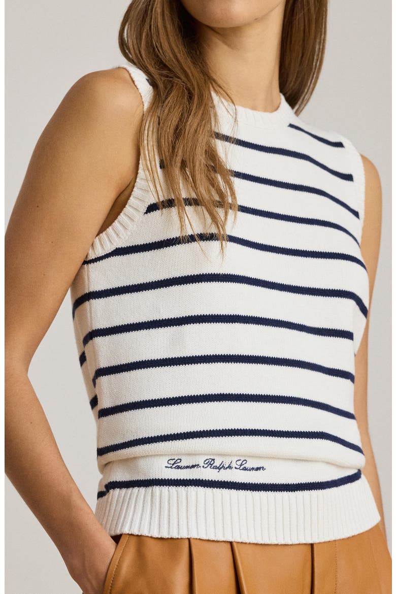 Stripe Sleeveless Combed Cotton Sweater, Alternate, color, WHITE/ REFINED NAVY