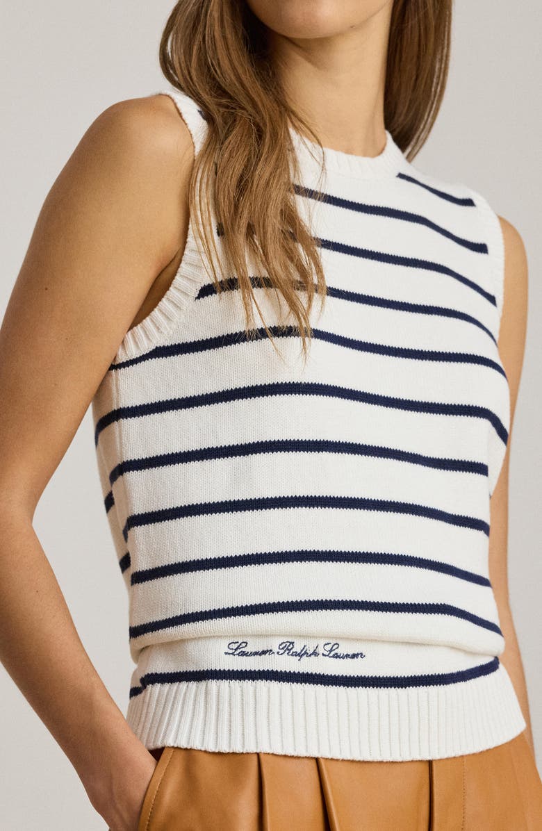 Lauren Ralph Lauren Stripe Sleeveless Combed Cotton Sweater, Alternate, color, White/ Refined Navy