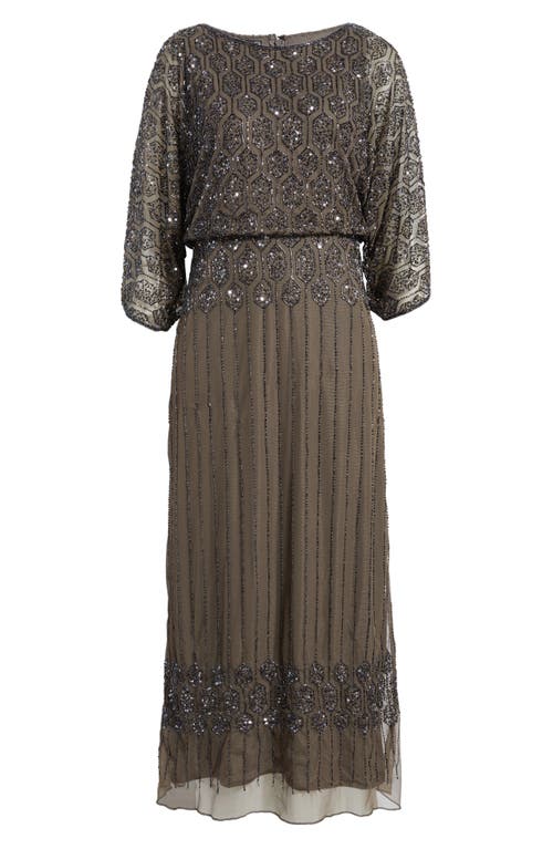 Pisarro Nights Beaded Blouson Split Sleeve Gown In Silver