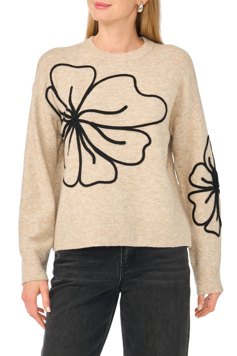 Floral Embroidered Crewneck Sweater, Main, color, OATMEAL