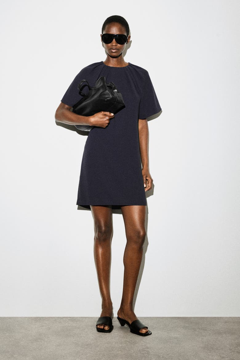 Gathered Short-sleeved Mini Dress, Main, color, NAVY