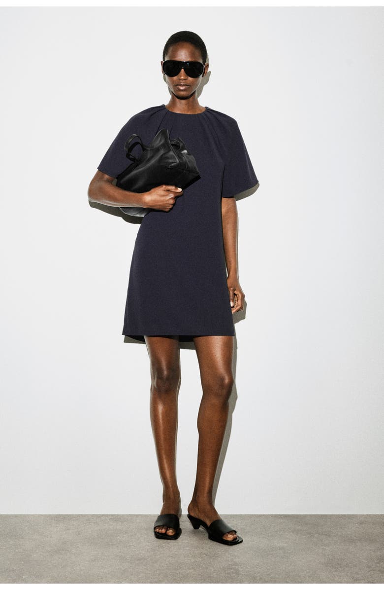 COS Gathered Short-sleeved Mini Dress, Main, color, Navy