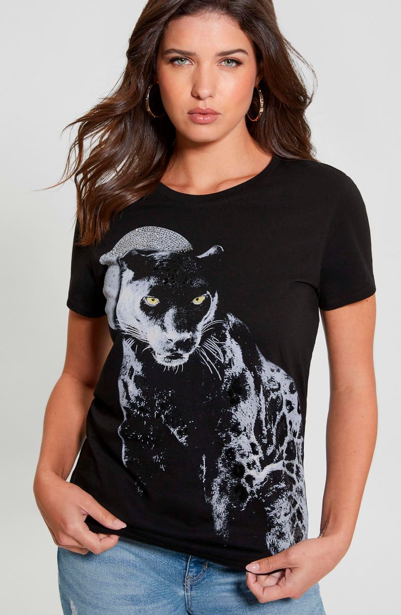 GUESS Panther Moon Embellished Organic Cotton Graphic T-Shirt, Alternate, color, 