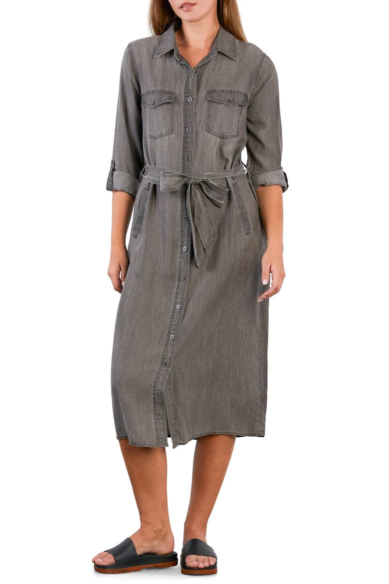 Soft Denim Belted Midi Shirtdress, Main, color, GREY PUFF