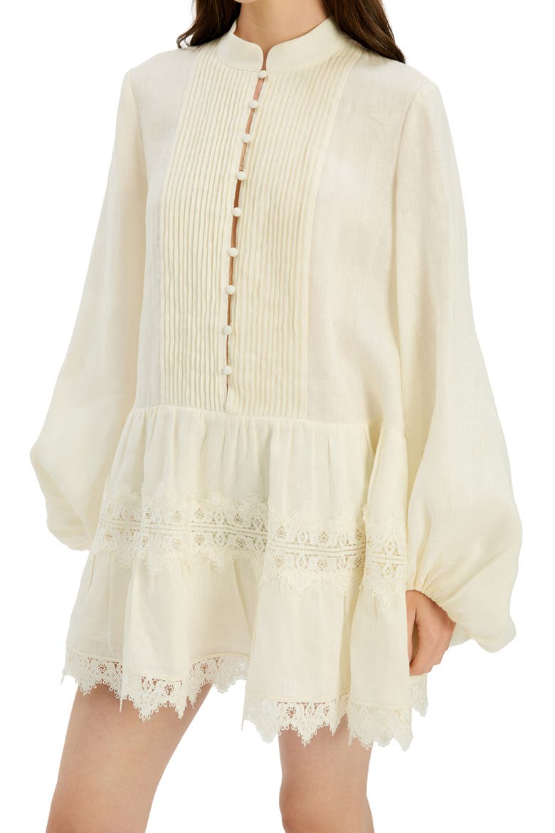 Antonia Lace Trim Long Sleeve Linen Minidress, Alternate, color, EGGNOG