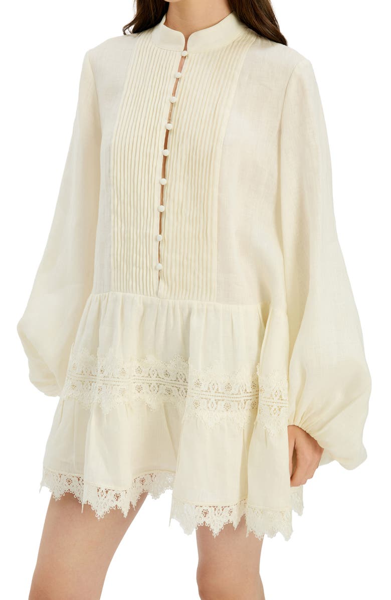 Bardot Antonia Lace Trim Long Sleeve Linen Minidress, Alternate, color, Eggnog