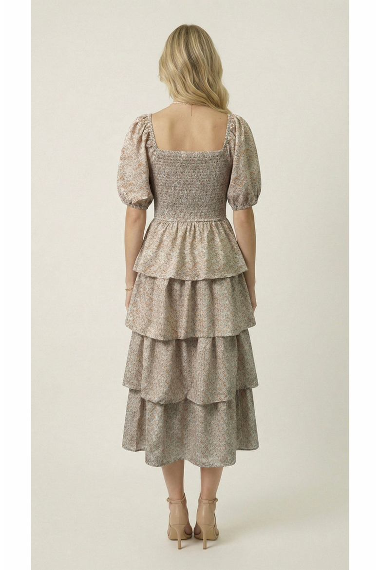 Smocked Tiered Puff Sleeve Maxi Dress, Alternate, color, Beige / Terracotta