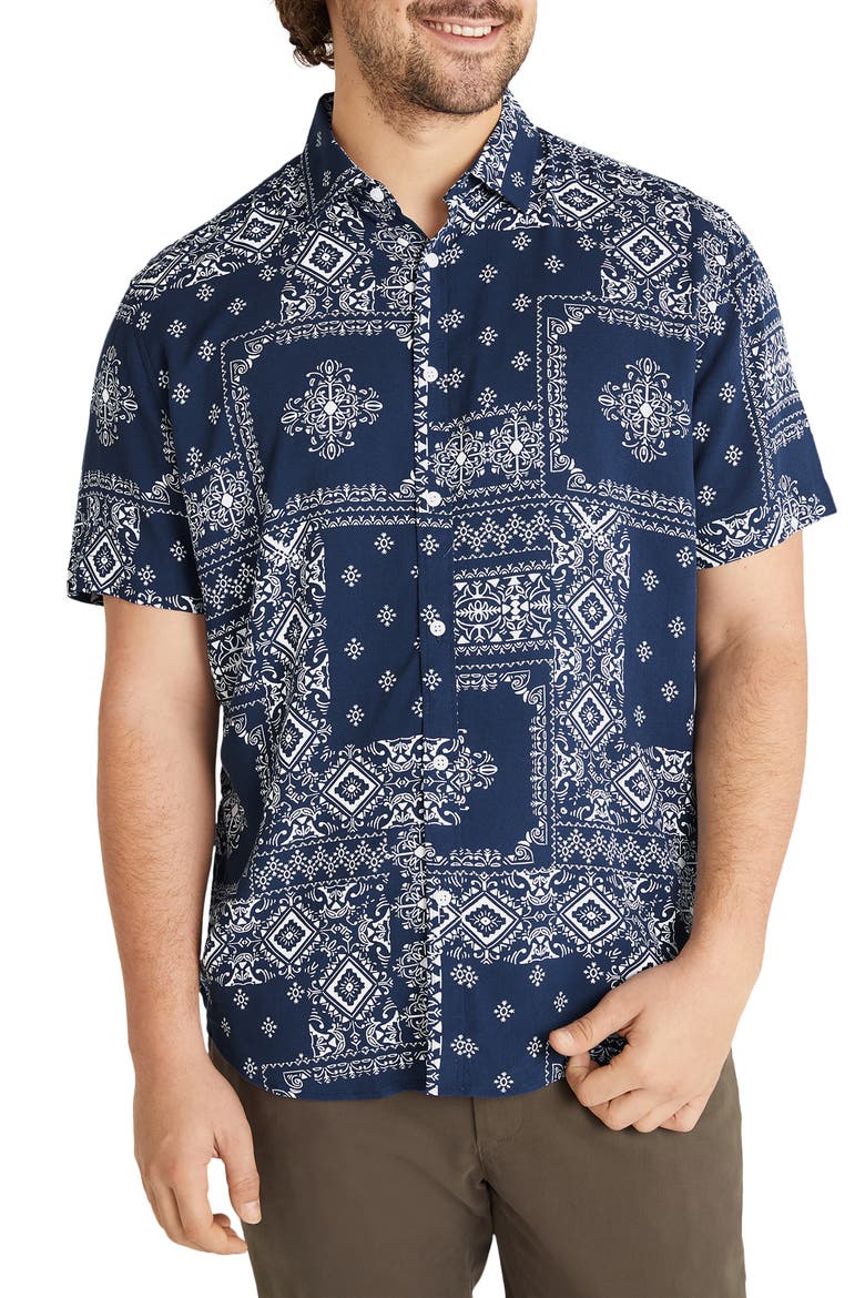 Bandana Print Short Sleeve Button-Up Shirt, Main, color, MARINE