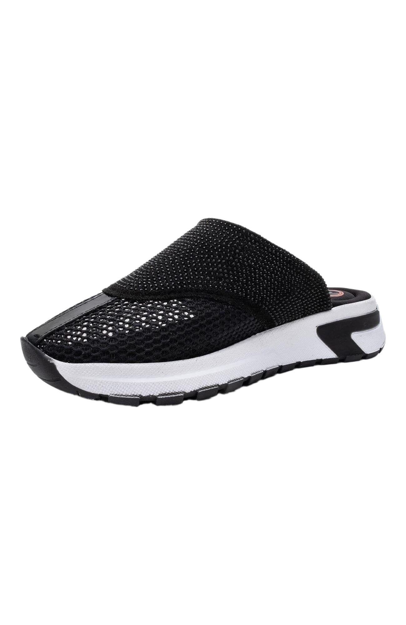 Prologue Shoes GLEA Mesh Rhinestone Mules, Alternate, color, Black Faux Leather