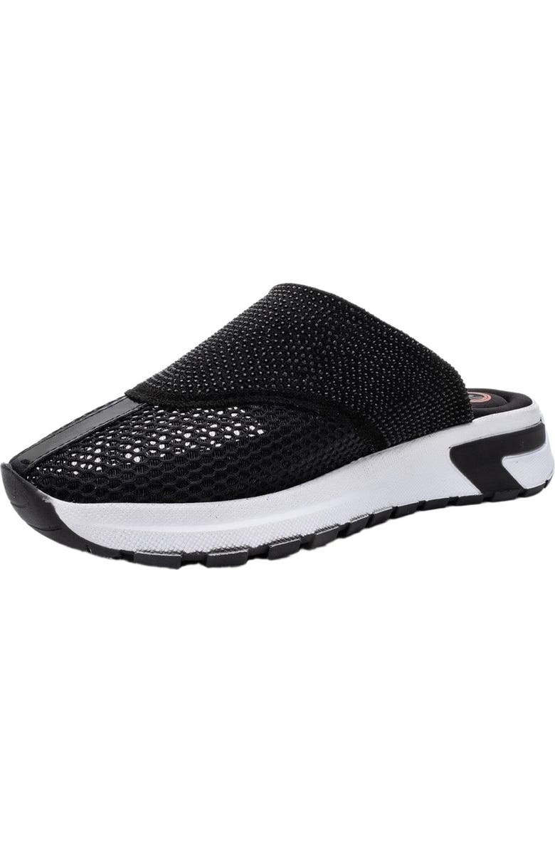 Prologue Shoes GLEA Mesh Rhinestone Mules, Alternate, color, Black Faux Leather