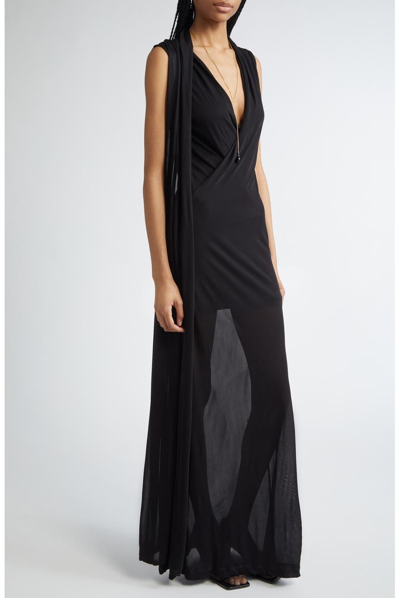 Overlapped Scarf Sheer Stretch Jersey Maxi Dress, Alternate, color, BLACK