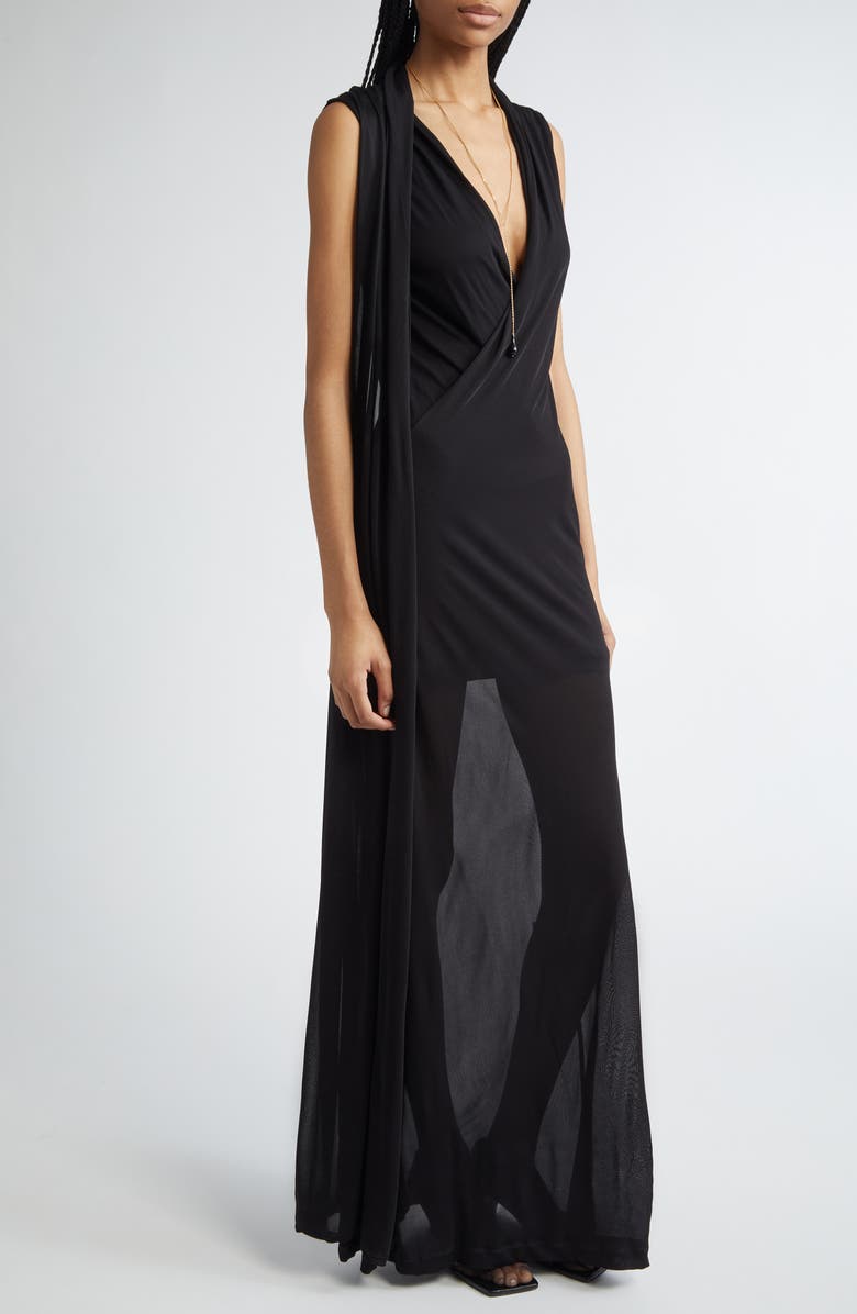 TOTEME Overlapped Scarf Sheer Stretch Jersey Maxi Dress, Alternate, color, Black