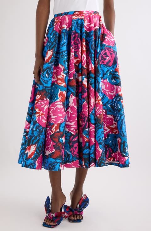 Rose Print Circular Cotton Poplin Midi Skirt