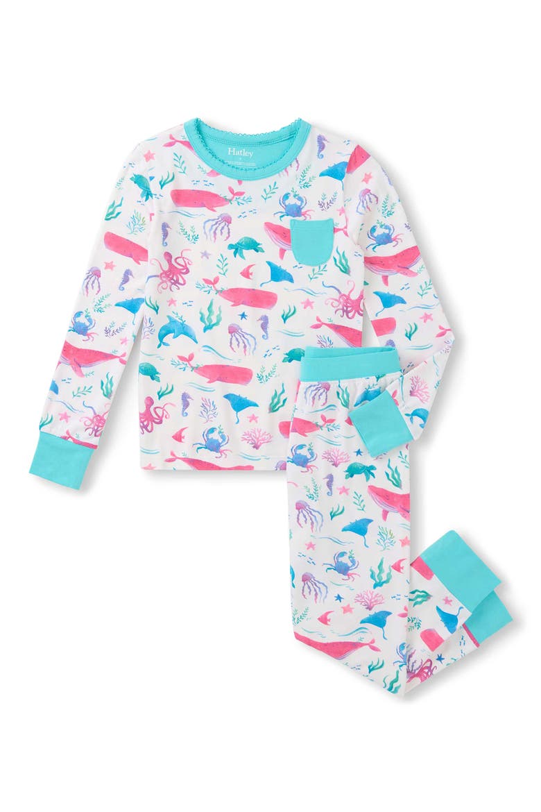 Kids' Painted Sealife Fitted Two-Piece Pajamas, Main, color, WHITE