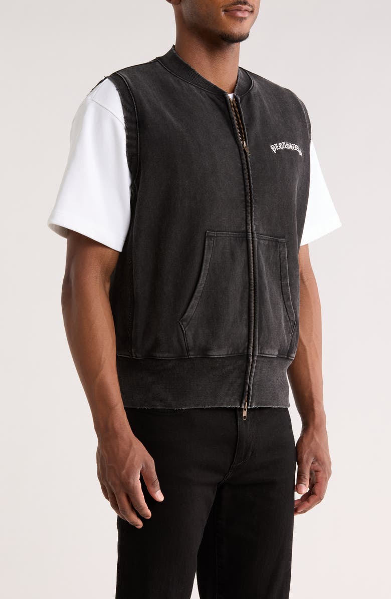 PLEASURES Embroidered Logo Denim Vest, Alternate, color, Faded Black