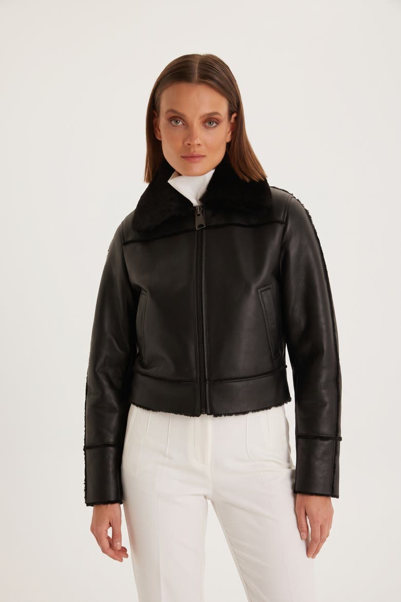 Clara Cropped Leather Shearling Jacket, Alternate, color, Black