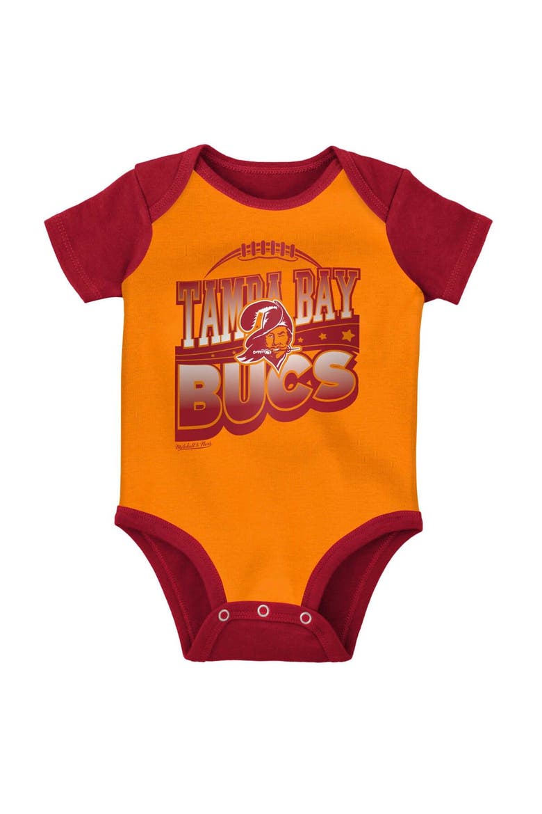 Newborn & Infant Mitchell & Ness Orange/Red Tampa Bay Buccaneers Throwback Big Score Bodysuit, Bib & Bootie Set, Alternate, color, Orange