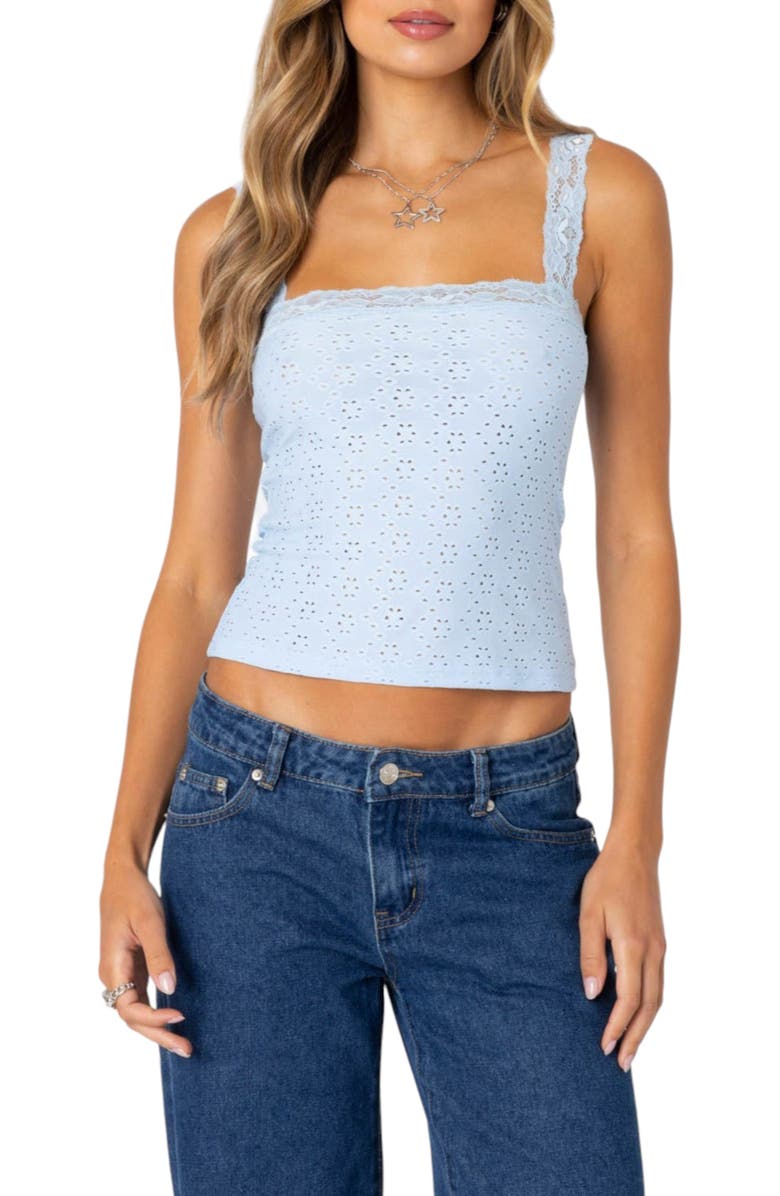 EDIKTED Virginia Lace Trim Eyelet Tank Top, Main, color, Light-Blue