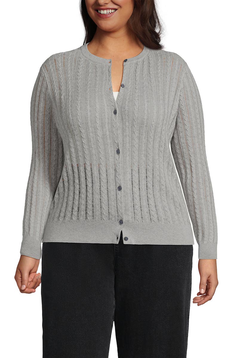 Lands' End Plus Size Cotton Pointelle Modern Cardigan Sweater, Main, color, Gray Heather