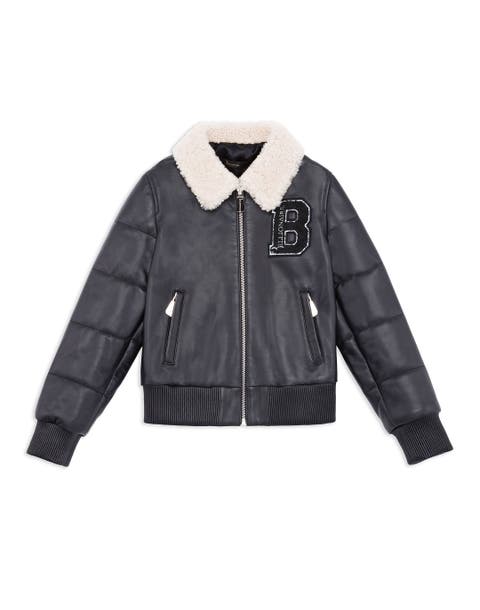 Shearling Collar Padded Leather Bomber Jacket Boy