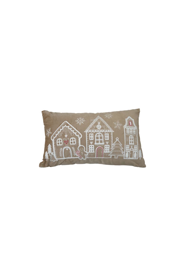 Embroidered Velvet Pillow with Gingerbread Scene, Main, color, Green and White