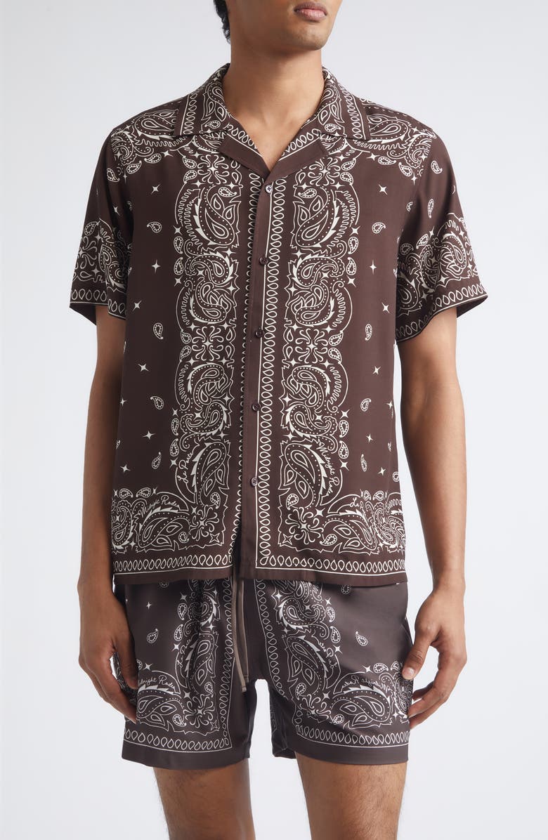 MIDNIGHT RODEO x La Porte Bandana Print Camp Shirt, Main, color, Brown Bandana Print