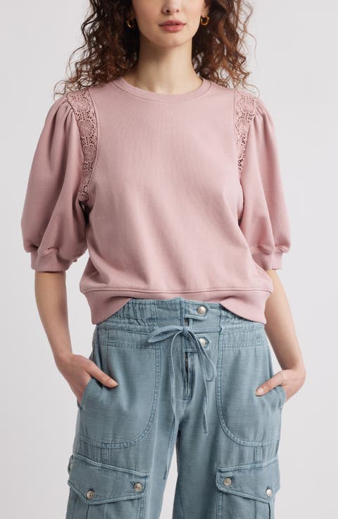 Lace Inset Puff Sleeve Crop Sweatshirt
