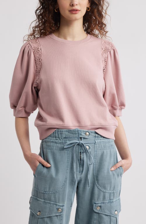 Treasure & Bond Lace Inset Puff Sleeve Crop Sweatshirt In Pink Timber