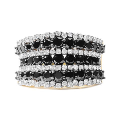 14K Yellow Gold Plated Silver 1 3/4 Cttw Black and White Diamond Multi Row Band Ring