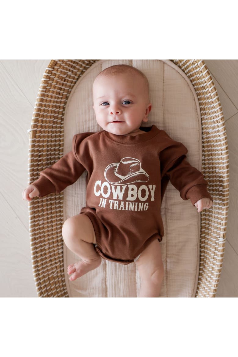 Cowboy In Training Western Long Sleeve Romper, Alternate, color, Brown