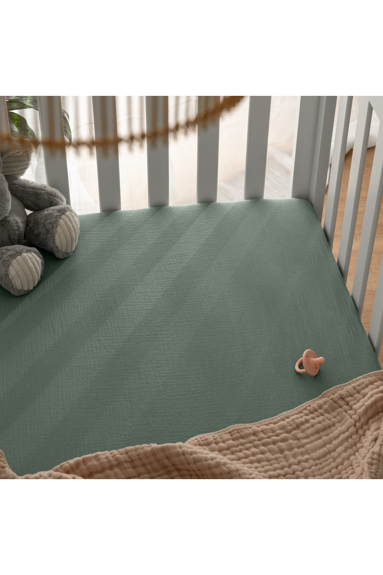 Muslin Fitted Crib Sheet - Pack of 2, Alternate, color, Fern and Cream