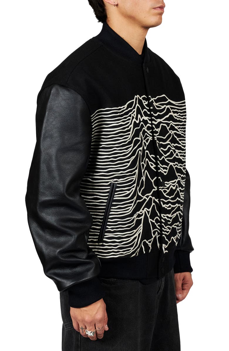 PLEASURES x Joy Division Unknown Pleasures Wool Blend Varsity Jacket, Alternate, color, 