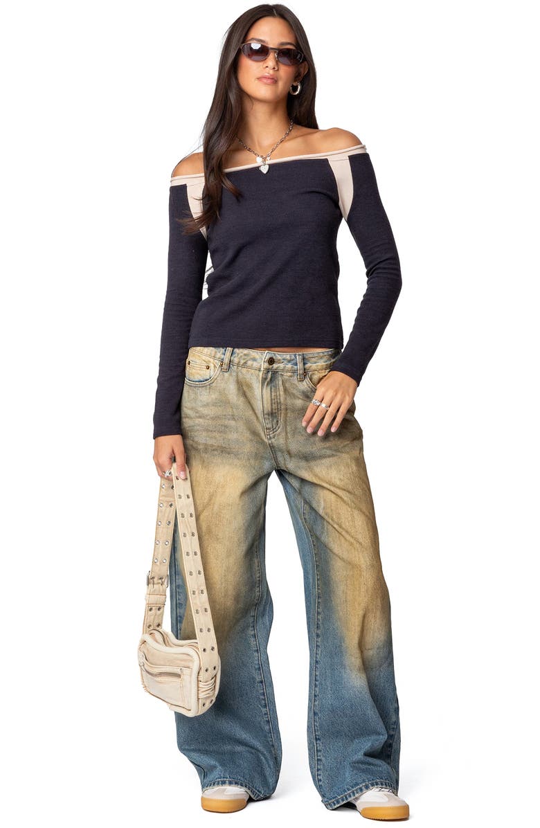 EDIKTED Off the Shoulder Colorblock Thermal Top, Alternate, color, Navy