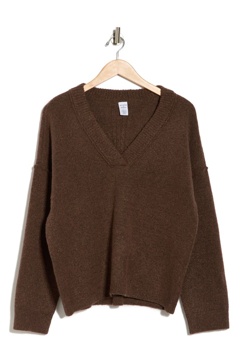 Rib Trim V-Neck Sweater, Alternate, color, BROWN FAWN