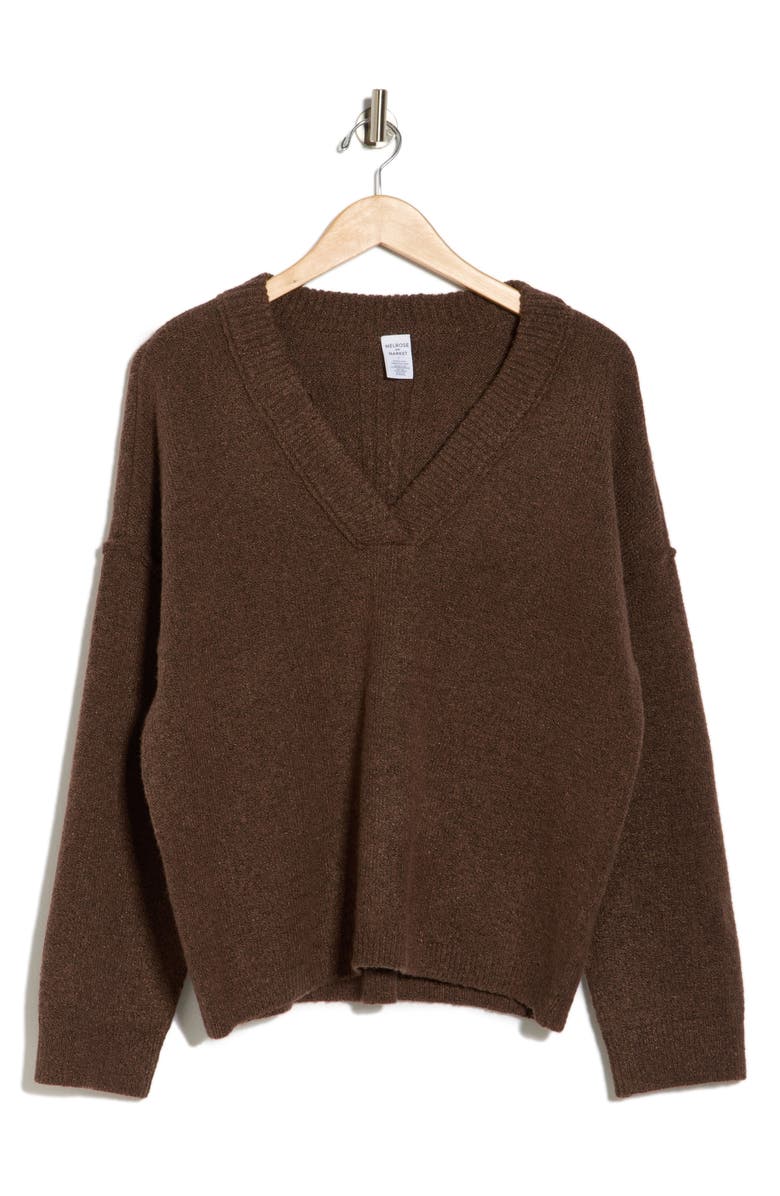 Melrose and Market Rib Trim V-Neck Sweater, Alternate, color, Brown Fawn
