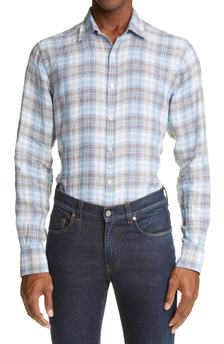 Canali Classic Fit Plaid Linen Button-Up Shirt, Main, color,