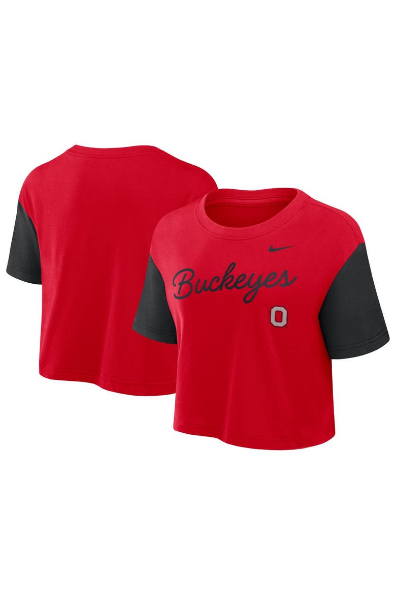 Women's Nike Scarlet/Black Ohio State Buckeyes Color-Block Script Dri-FIT Cropped T-Shirt, Main, color, Scarlet