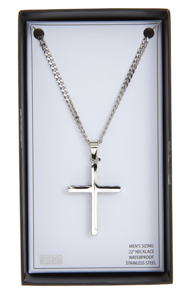 NORDSTROM RACK Men's Waterproof Edge Cross Pendant Necklace, Main, color, Black- Stainless